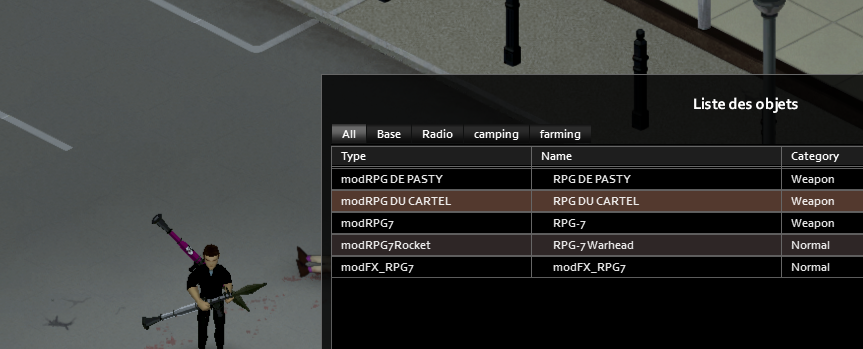 Menu des objets du mod